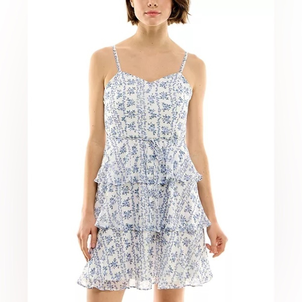 BCX Juniors' Floral-Print Triple-Tier Fit & Flare Dress white, blue size Large
